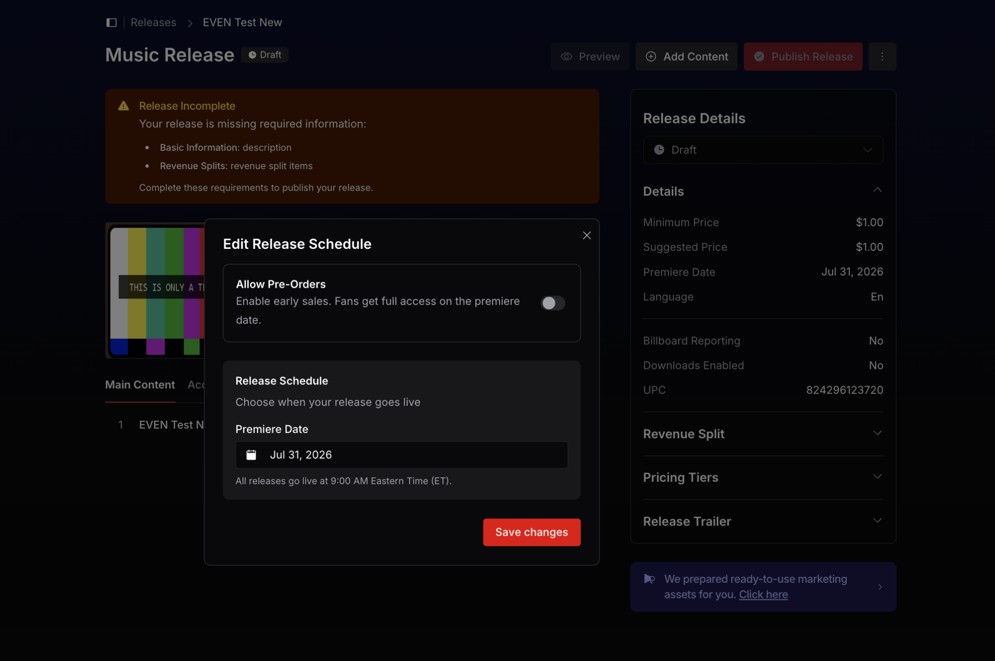 EVEN edit release schedule modal