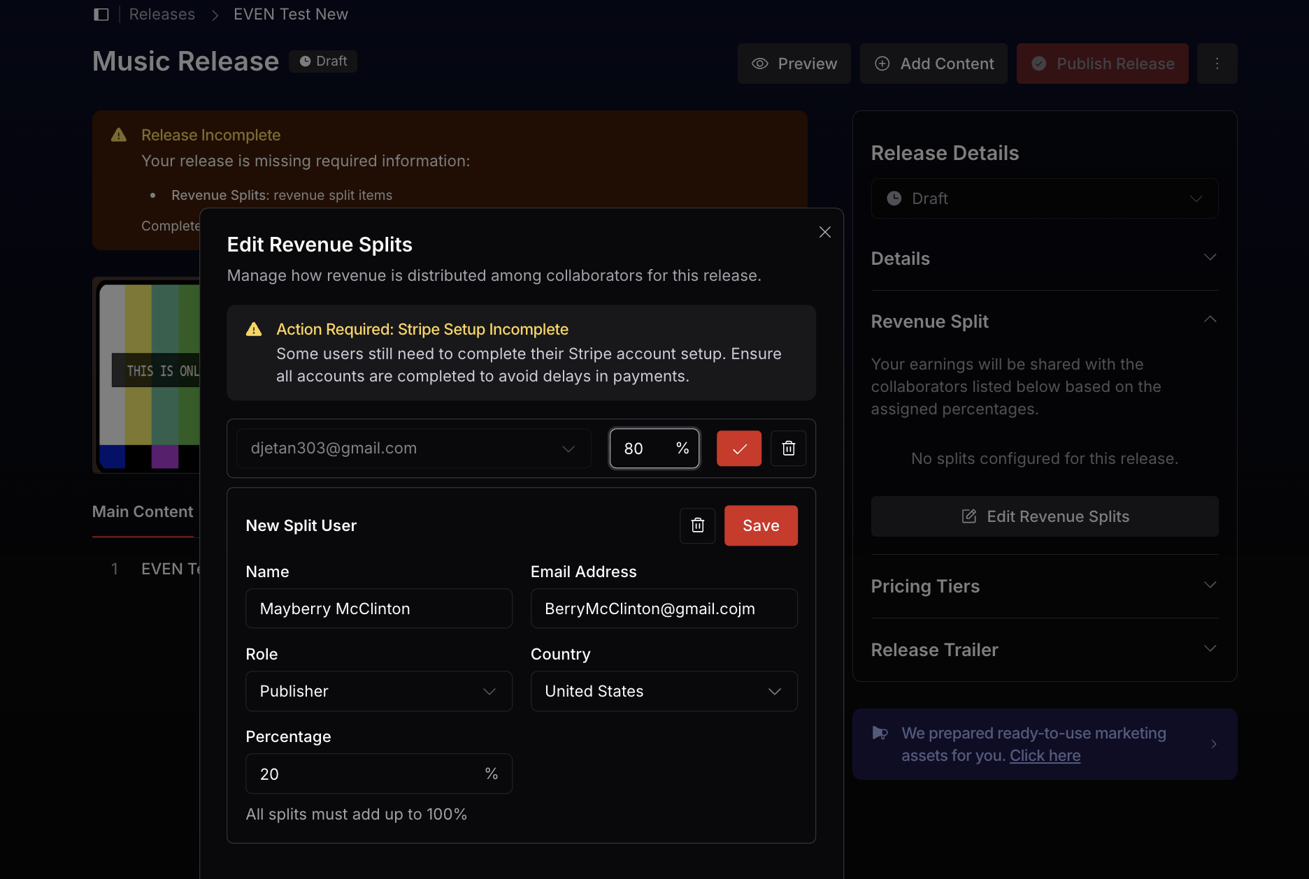 EVEN revenue split collaborator fields