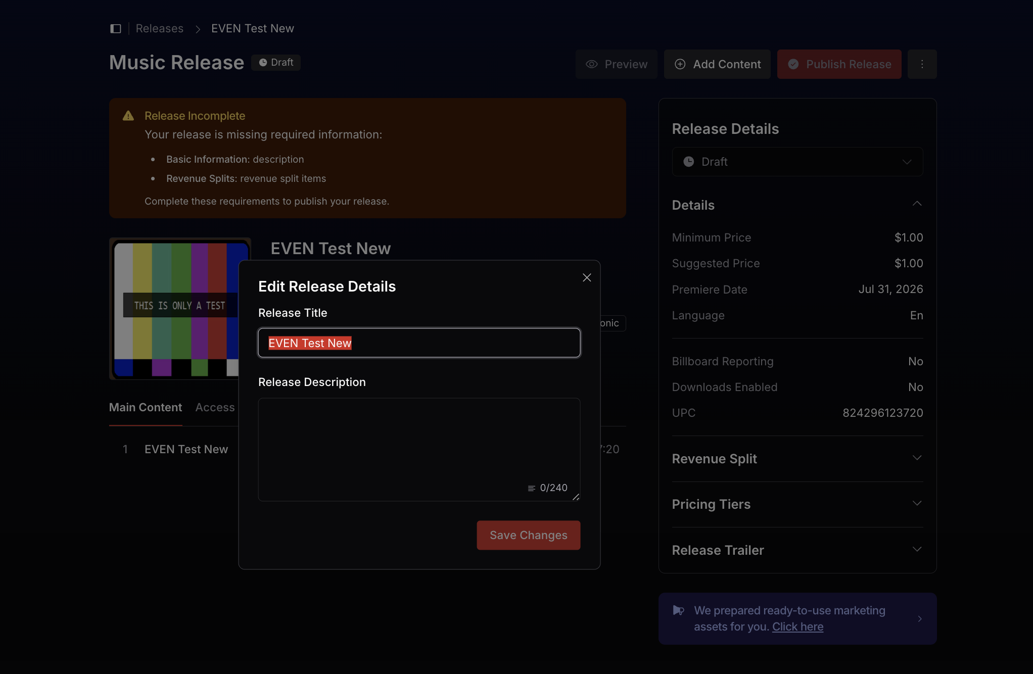 EVEN edit release details modal