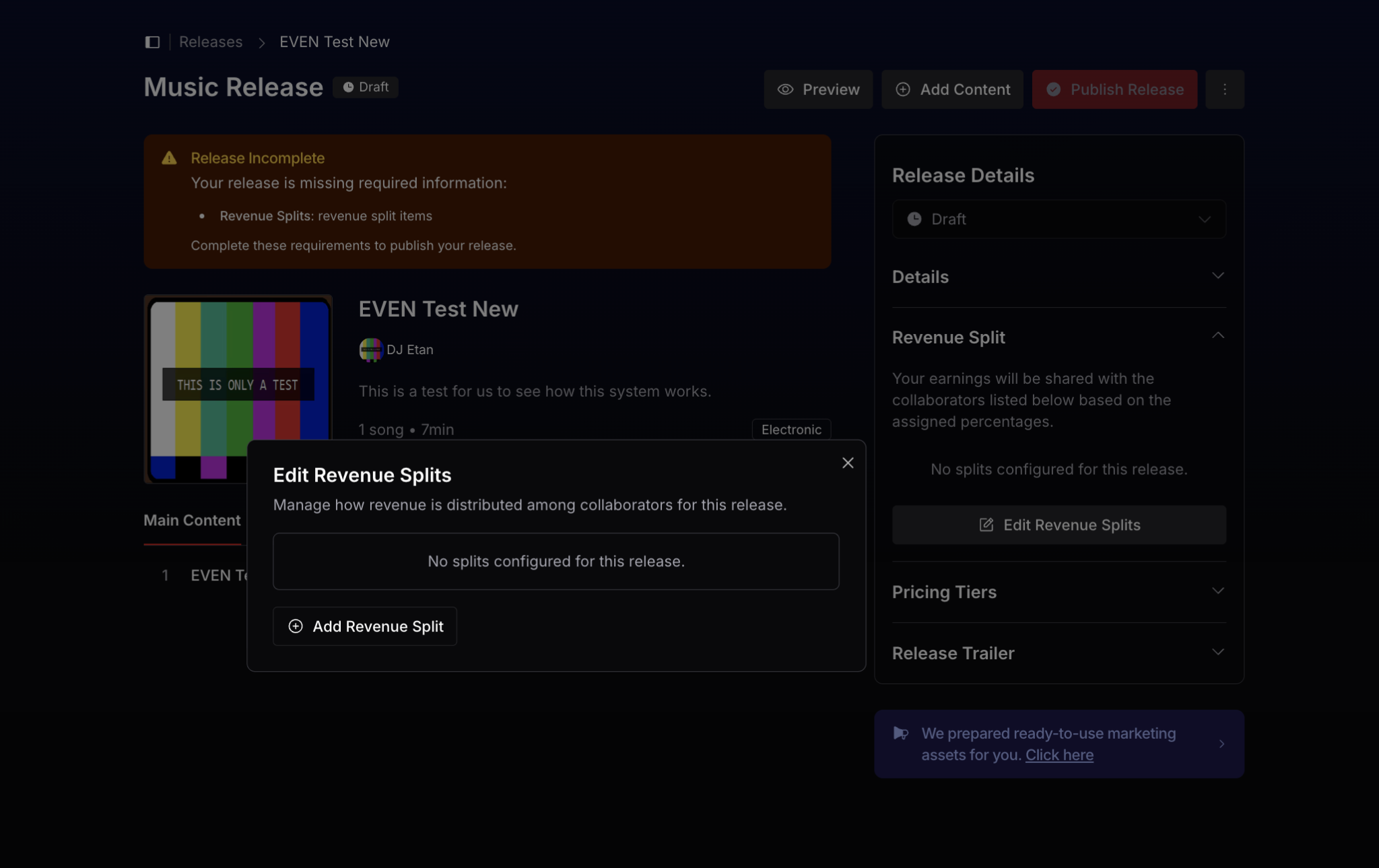 EVEN edit revenue splits modal