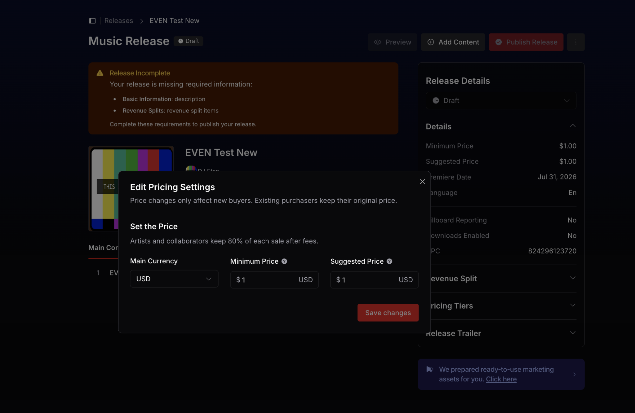 EVEN pricing settings modal